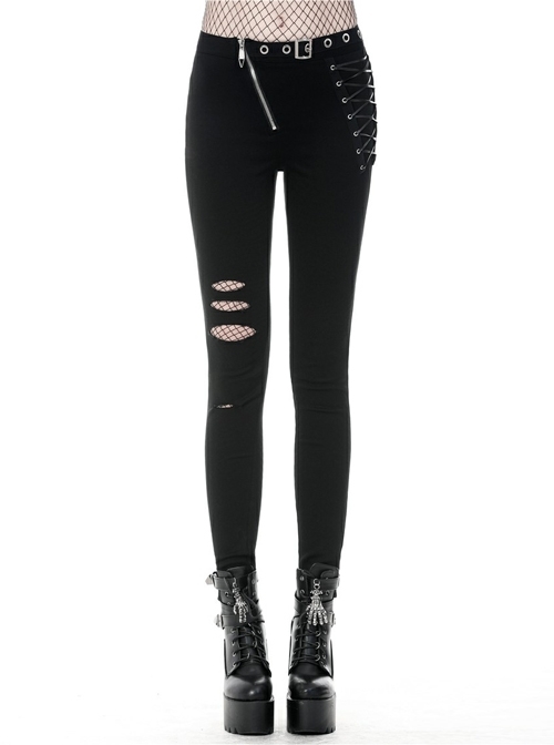 Metal Eyelets Lace-Up Broke Holes Splice Mesh Black Punk Elastic Legging