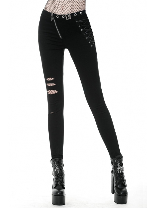 Metal Eyelets Lace-Up Broke Holes Splice Mesh Black Punk Elastic Legging