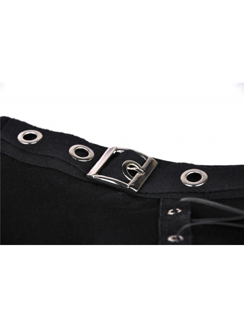 Metal Eyelets Lace-Up Broke Holes Splice Mesh Black Punk Elastic Legging