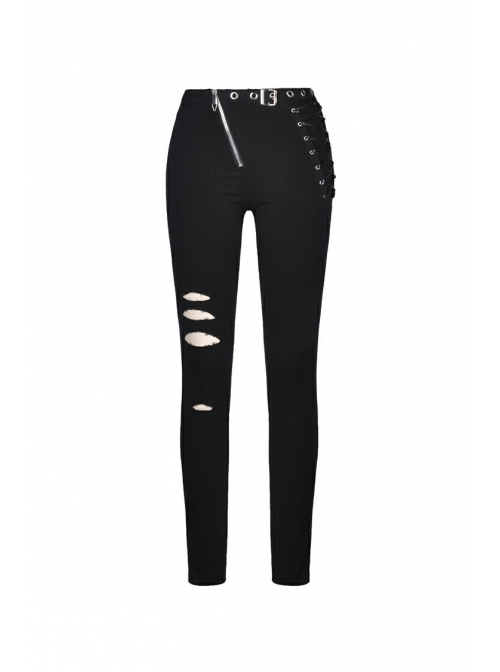 Metal Eyelets Lace-Up Broke Holes Splice Mesh Black Punk Elastic Legging