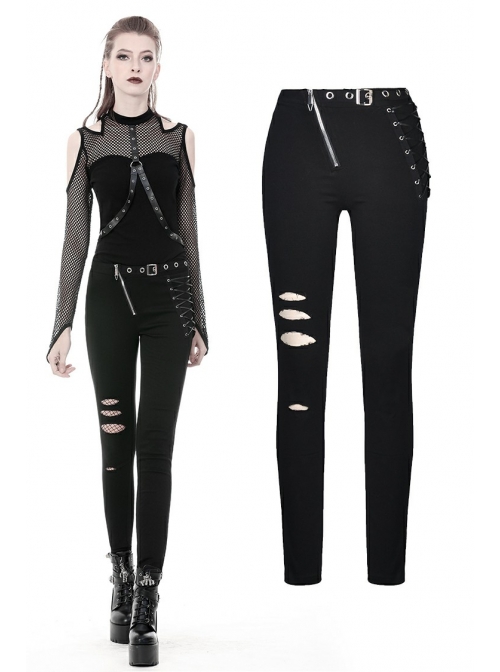 Metal Eyelets Lace-Up Broke Holes Splice Mesh Black Punk Elastic Legging