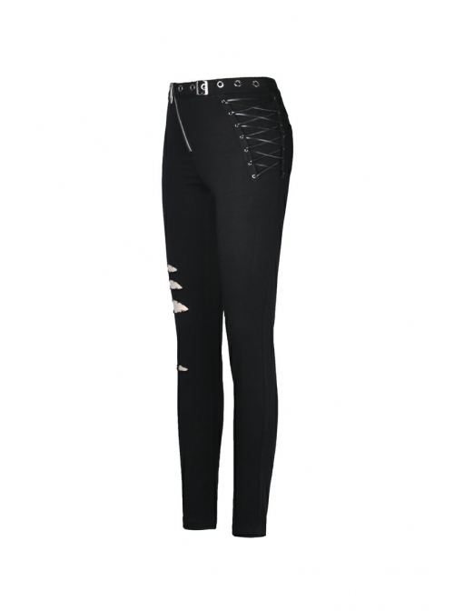 Metal Eyelets Lace-Up Broke Holes Splice Mesh Black Punk Elastic Legging