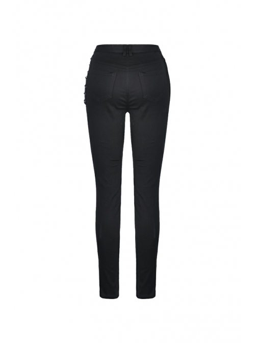 Metal Eyelets Lace-Up Broke Holes Splice Mesh Black Punk Elastic Legging