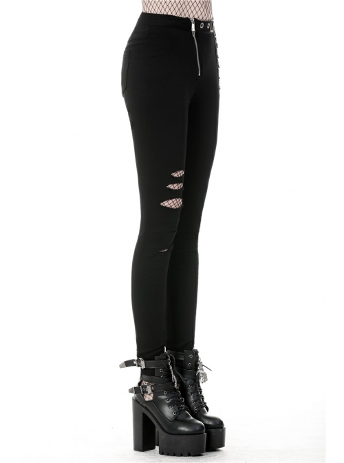 Metal Eyelets Lace-Up Broke Holes Splice Mesh Black Punk Elastic Legging