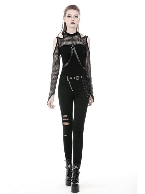 Metal Eyelets Lace-Up Broke Holes Splice Mesh Black Punk Elastic Legging