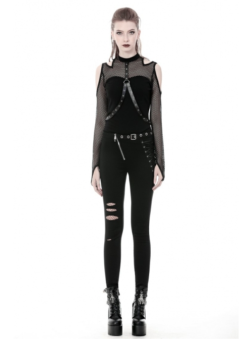 Metal Eyelets Lace-Up Broke Holes Splice Mesh Black Punk Elastic Legging