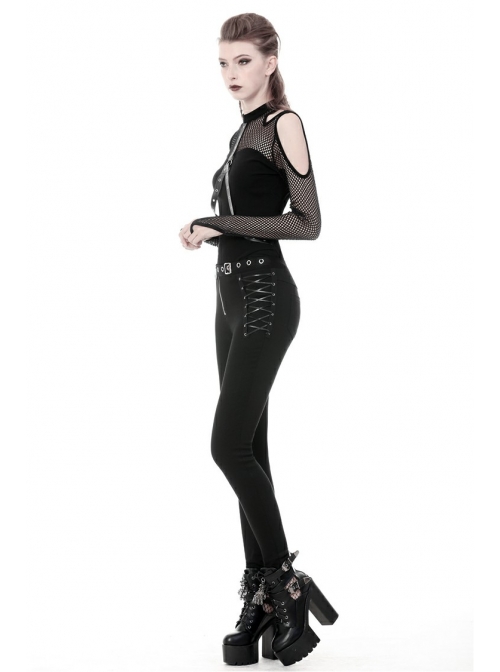 Metal Eyelets Lace-Up Broke Holes Splice Mesh Black Punk Elastic Legging