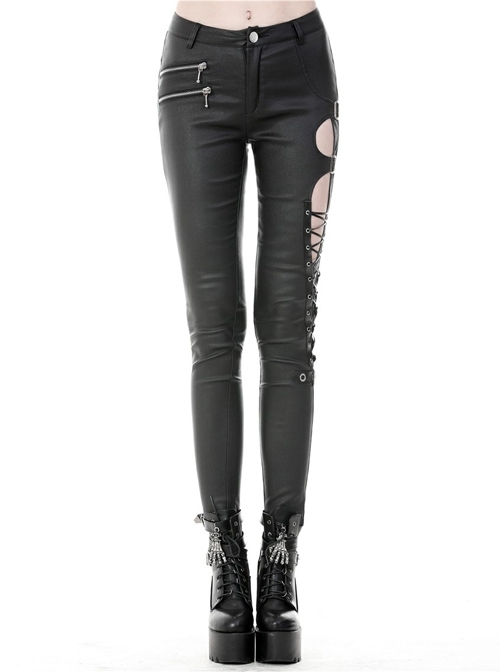 Metal Hasp Side Hollow-Out Lace-Up Black Punk Tight Leather Trousers