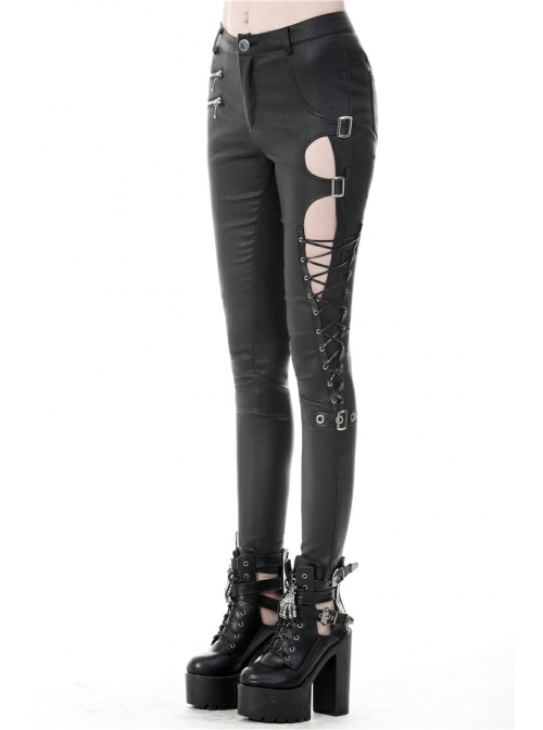 Metal Hasp Side Hollow-Out Lace-Up Black Punk Tight Leather Trousers