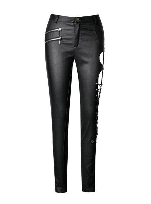 Metal Hasp Side Hollow-Out Lace-Up Black Punk Tight Leather Trousers