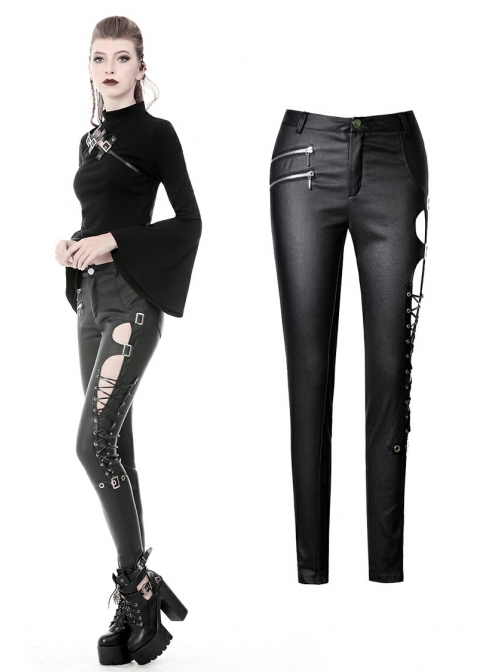 Metal Hasp Side Hollow-Out Lace-Up Black Punk Tight Leather Trousers
