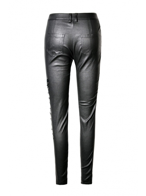 Metal Hasp Side Hollow-Out Lace-Up Black Punk Tight Leather Trousers