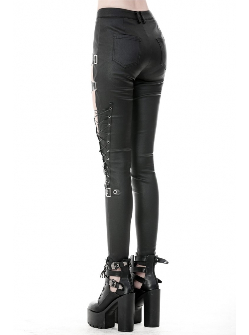 Metal Hasp Side Hollow-Out Lace-Up Black Punk Tight Leather Trousers