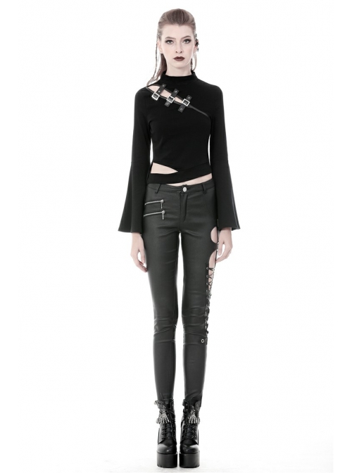 Metal Hasp Side Hollow-Out Lace-Up Black Punk Tight Leather Trousers
