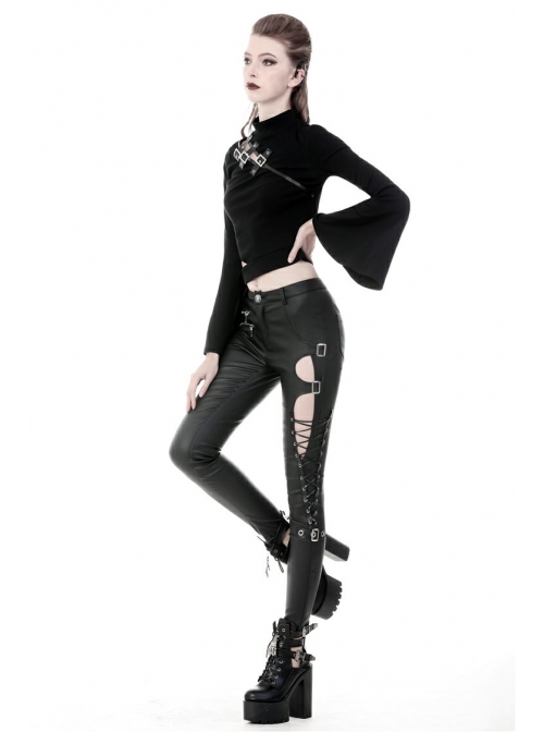 Metal Hasp Side Hollow-Out Lace-Up Black Punk Tight Leather Trousers