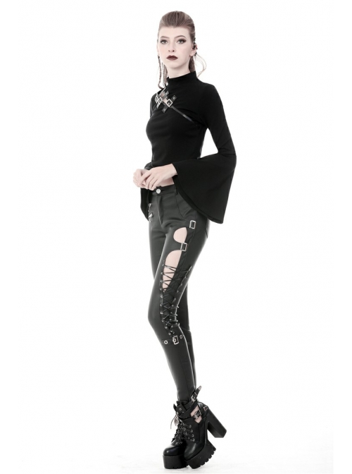 Metal Hasp Side Hollow-Out Lace-Up Black Punk Tight Leather Trousers