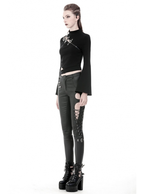 Metal Hasp Side Hollow-Out Lace-Up Black Punk Tight Leather Trousers