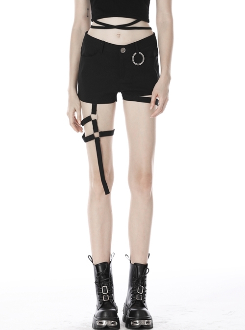 Metal Ring Decoration Metal Buckle Leg Loop Black Punk Short Pants