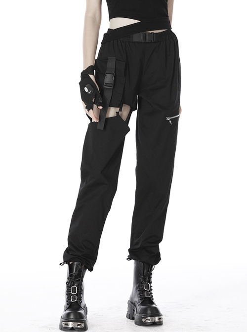 Irregular Hollow Thigh Metal D-Buckle Strap Black Punk Casual Trousers
