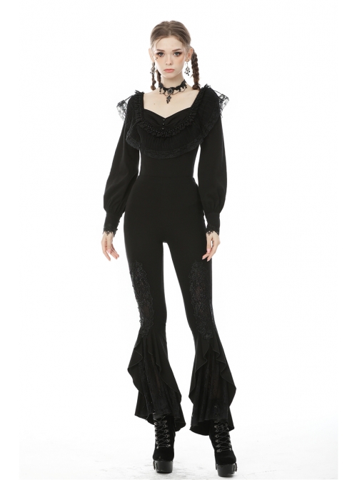 Black Gothic Lace Embroidery Frilly Legging
