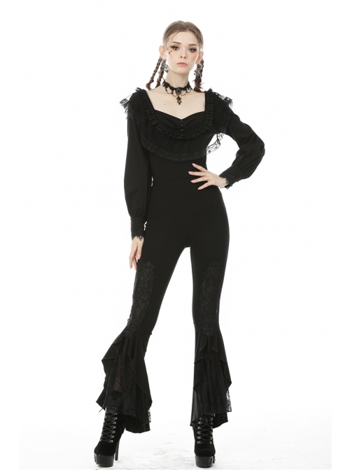 Black Gothic Lace Embroidery Frilly Legging
