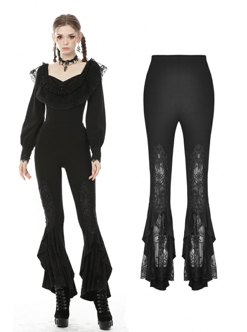 Black Gothic Lace Embroidery Frilly Legging