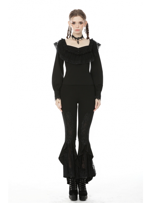 Black Gothic Lace Embroidery Frilly Legging