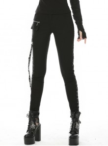 Metal Eyelets Strap Side Lace-Up Black Punk Trousers
