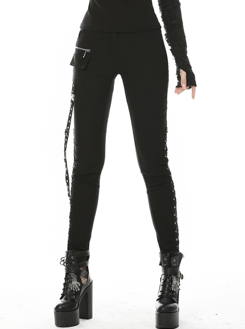 Metal Eyelets Strap Side Lace-Up Black Punk Trousers