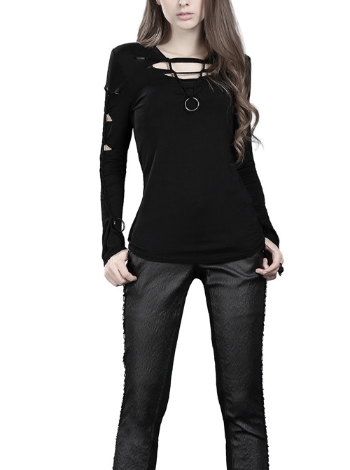 Round Collar Front Chest Hollow-Out Long Sleeve Black Punk Tight T-Shirt