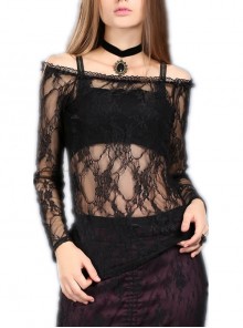 Off-Shoulder Long Sleeve Black Gothic Lace T-Shirt