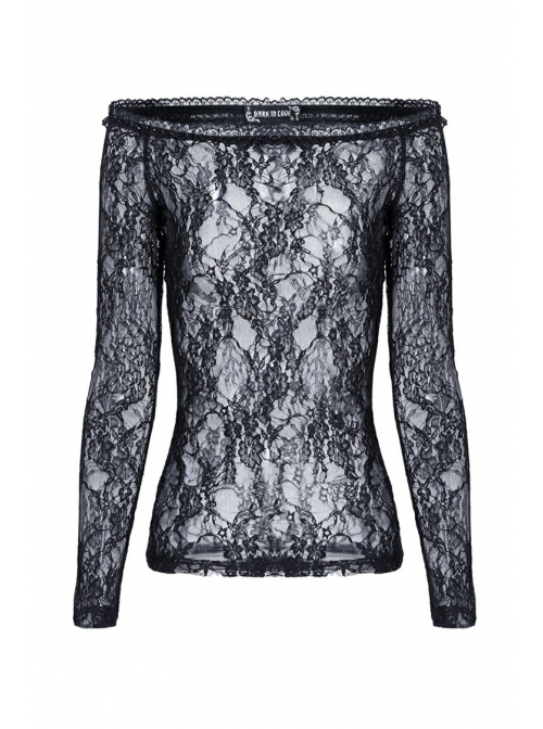 Off-Shoulder Long Sleeve Black Gothic Lace T-Shirt