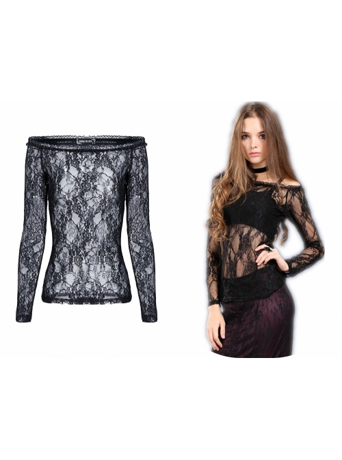 Off-Shoulder Long Sleeve Black Gothic Lace T-Shirt