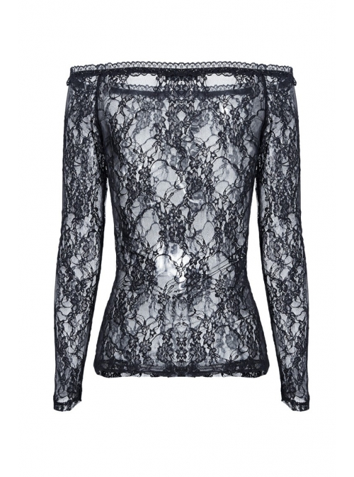Off-Shoulder Long Sleeve Black Gothic Lace T-Shirt