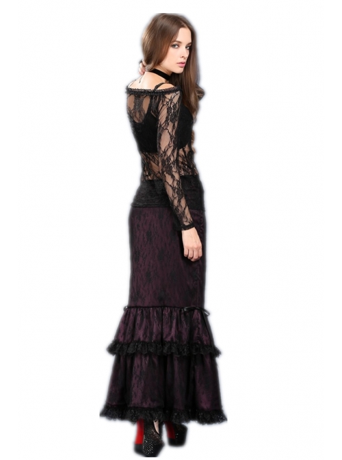 Off-Shoulder Long Sleeve Black Gothic Lace T-Shirt