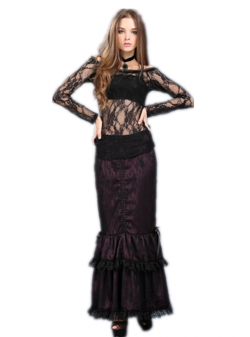 Off-Shoulder Long Sleeve Black Gothic Lace T-Shirt