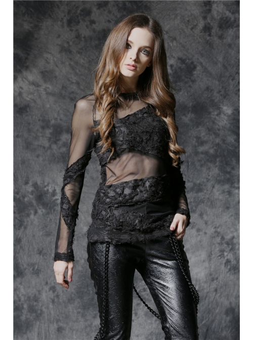 Black Punk Tore Semi-Transparent Long Sleeve T-Shirt