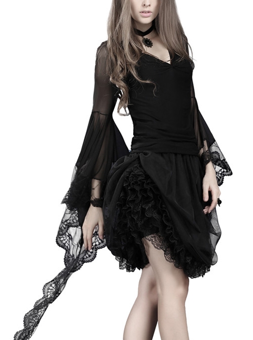 V-Neck Flare Sleeve Black Gothic Transparent Lace T-Shirt