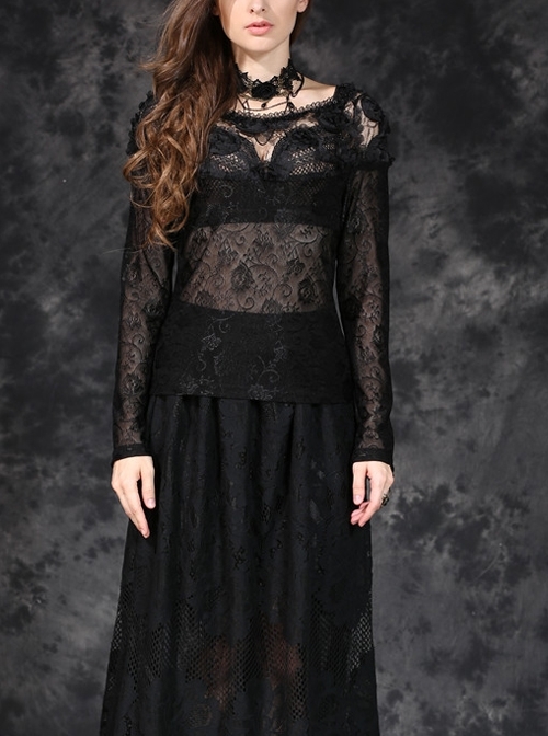 One-Word Front Chest Three-Dimensional Embroidery Lace Long Sleeve Black Gothic T-Shirt