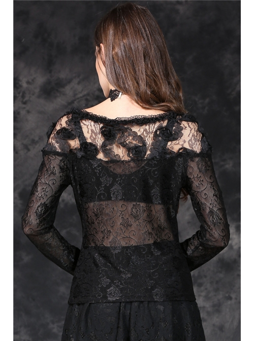 One-Word Front Chest Three-Dimensional Embroidery Lace Long Sleeve Black Gothic T-Shirt