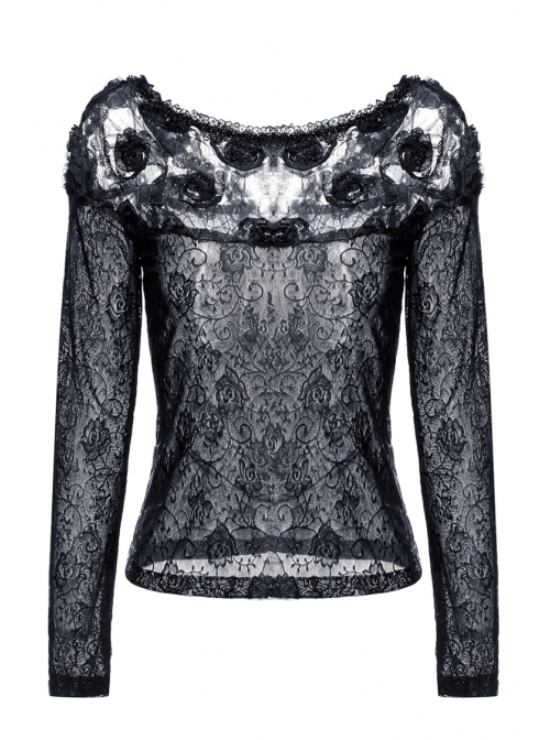 One-Word Front Chest Three-Dimensional Embroidery Lace Long Sleeve Black Gothic T-Shirt