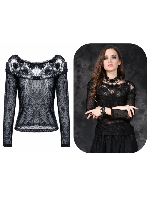One-Word Front Chest Three-Dimensional Embroidery Lace Long Sleeve Black Gothic T-Shirt