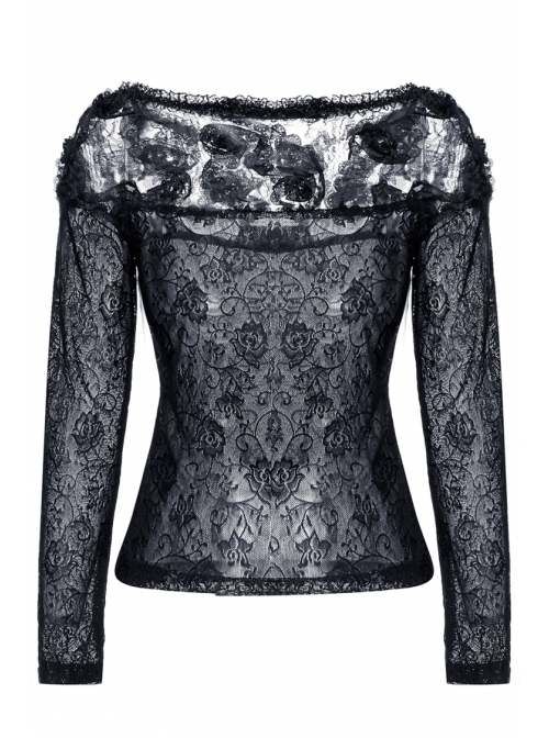One-Word Front Chest Three-Dimensional Embroidery Lace Long Sleeve Black Gothic T-Shirt