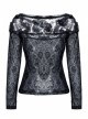 One-Word Front Chest Three-Dimensional Embroidery Lace Long Sleeve Black Gothic T-Shirt