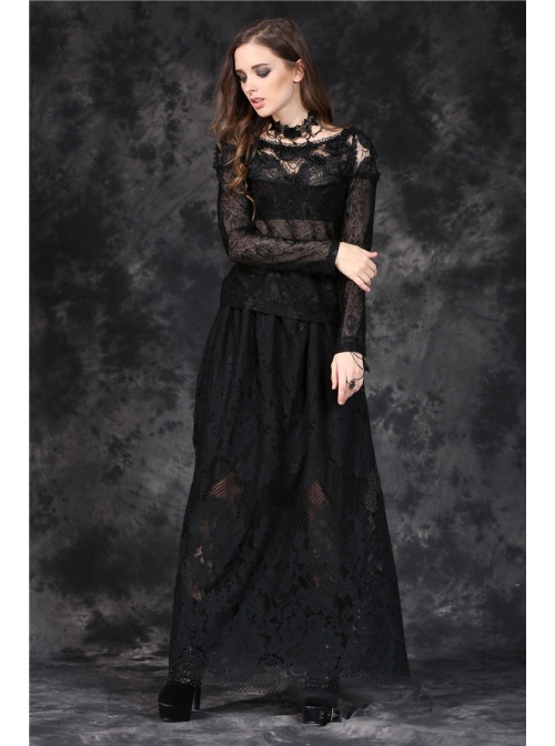 One-Word Front Chest Three-Dimensional Embroidery Lace Long Sleeve Black Gothic T-Shirt