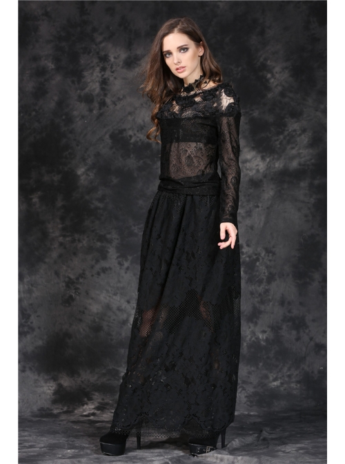 One-Word Front Chest Three-Dimensional Embroidery Lace Long Sleeve Black Gothic T-Shirt