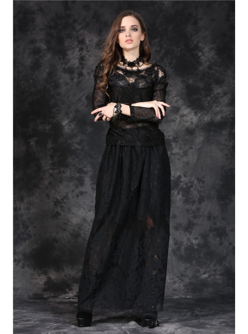 One-Word Front Chest Three-Dimensional Embroidery Lace Long Sleeve Black Gothic T-Shirt