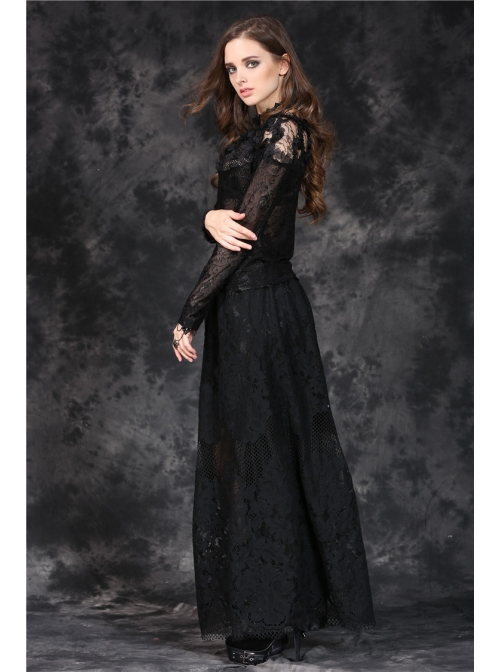 One-Word Front Chest Three-Dimensional Embroidery Lace Long Sleeve Black Gothic T-Shirt