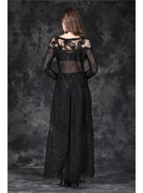 One-Word Front Chest Three-Dimensional Embroidery Lace Long Sleeve Black Gothic T-Shirt