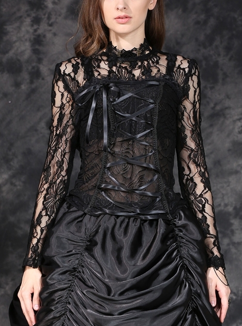 Black Gothic Front Chest Lace-Up Jacquard Hollow-Out Lace T-Shirt